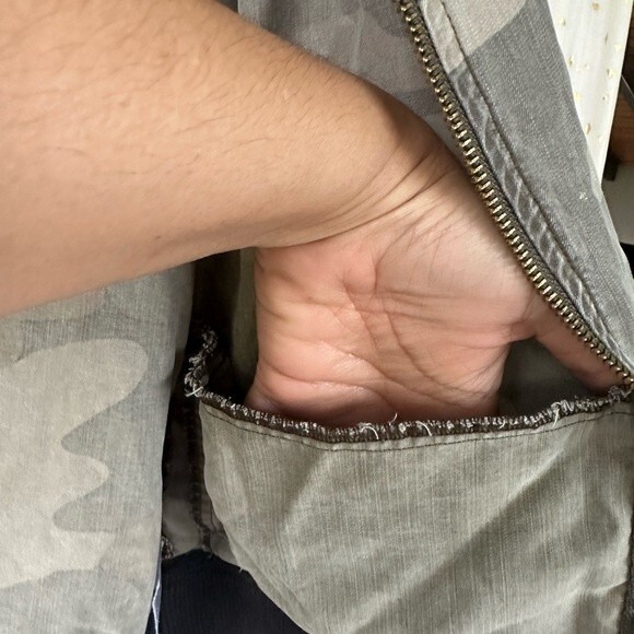 Natural Reflections Camo Chambray Like Ribbed Knit Trim Bomber Jacket Pockets S - Picture 6 of 10